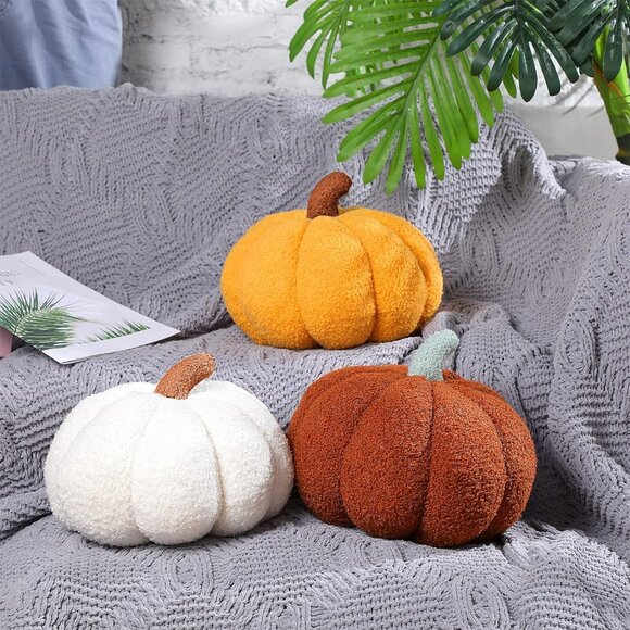 2 Pcs Pumpkin Throw Pillow - 3D Halloween Decor, 11x9.5 Inch, Yellow Cushion - Picture 5 of 6